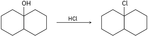 Two fused cyclohexane rings with a hydroxyl at a bridgehead carbon reacts with H Cl to substitute chlorine for the hydroxyl group.