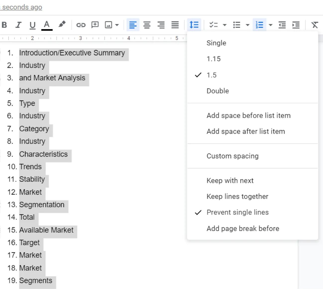 Text in a numbered list is selected. Spacing is selected and offers options for selection. 1.15 and Prevent single lines are selected.