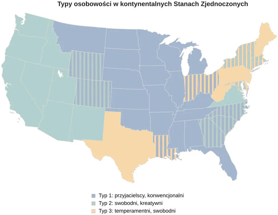 DO PRZEREDAGOWANIA Personality clusters in the continental USA - Klasy osobowości w kontynentalnych Stanach ZjednoczonychCluster 1: Friendly, conventional - Typ 1: przyjacielscy, konwencjonalniCluster 2: Relaxed, creative - Typ 2: swobodni, kreatywniCluster 3: Temperamental unihibited - Typ 3: temperamentni, pozbawieni zahamowań
