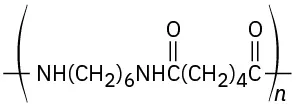 The repeating unit of a polymer in brackets with N H bonded to six methylene bonded to N H bonded to a carbonyl group which itself is bonded to four methylene units and then another carbonyl group.
