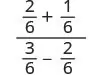A complex fraction mathematical problem showing (2/6 + 1/6) divided by (3/6 - 2/6).