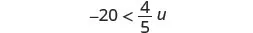 A mathematical inequality is shown, displaying -20 is less than (4/5)u.