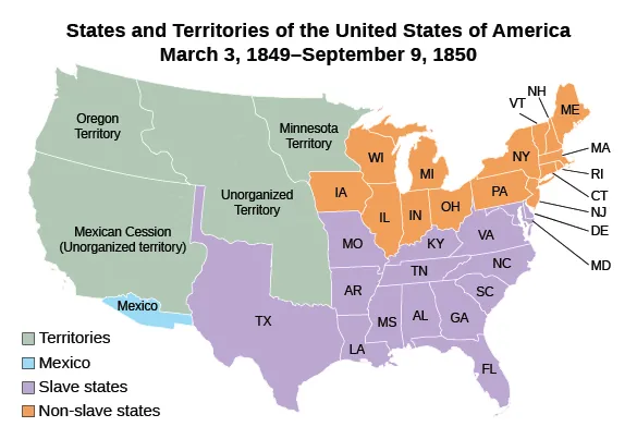 A map shows the states and territories of the United States from March 3, 1849, to September 9, 1850, as well as part of Mexico. States include Maine, New Hampshire, Vermont, Massachusetts, Rhode Island, New York, Connecticut, New Jersey, Pennsylvania, Delaware, Maryland, Virginia, North Carolina, South Carolina, Georgia, Florida, Alabama, Mississippi, Louisiana, Texas, Tennessee, Arkansas, Kentucky, Missouri, Iowa, Illinois, Indiana, Ohio, Michigan, and Wisconsin. Territories include Oregon Territory, Unorganized territory, Minnesota Territory, and Mexican Cession (Unorganized territory).