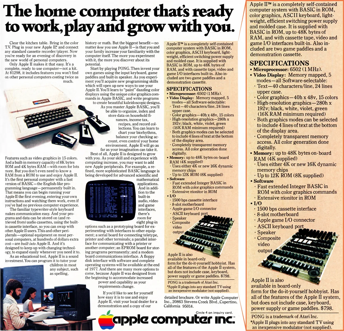 An ad for Apple Computers Inc. displays information about features, uses, and specifications. Images of a computer items are placed throughout the ad.