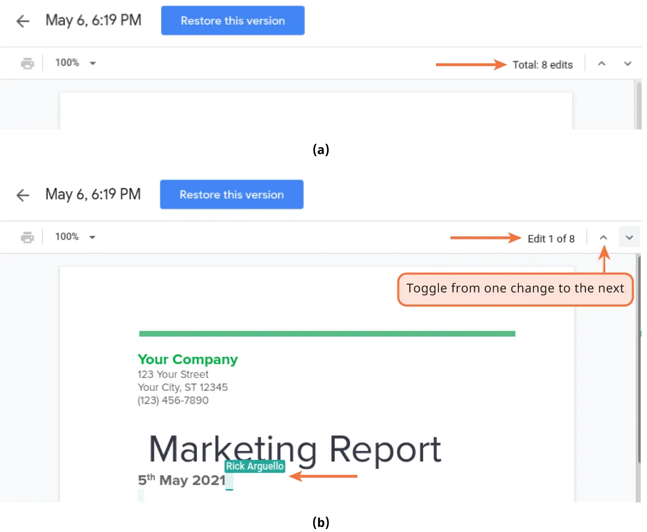 (a) Total: 8 edits displays. (b) Edit 1 of 8 displays next to up/down arrows labeled: Toggle from one change to the next. In the document, a cursor with a name displays.