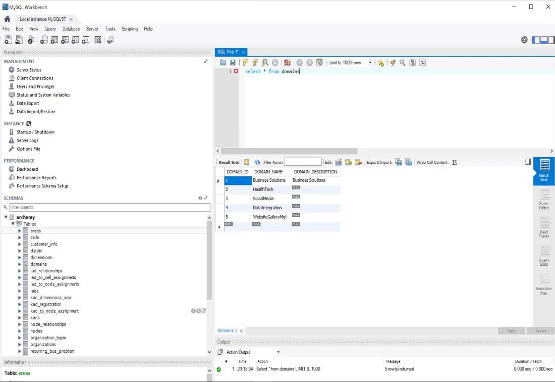 Screenshot illustrating a navigation window, results window, log window, and query window.