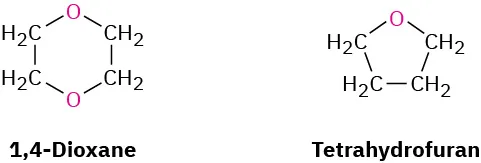 1,4-dioxane is a six-membered ring with oxygens instead of carbons at positions 1 and 4. Tetrahydrofuran is a five-membered ring incorporating one oxygen.