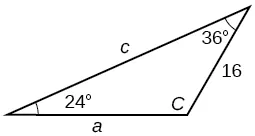 Triangle with standard labels. Angle A is 36 degrees with opposite side a unknown. Angle B is 24 degrees with opposite side b = 16. Angle C and side c are unknown.
