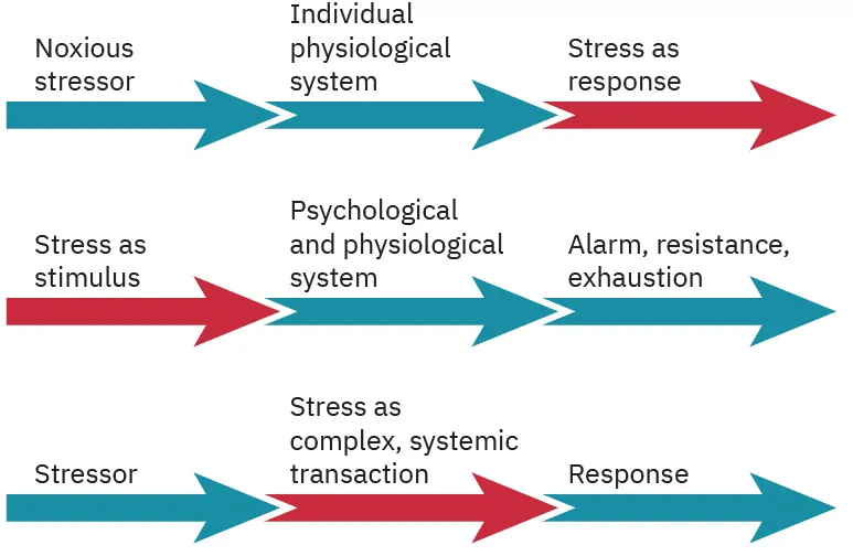 A diagram of nine arrows arranged in three groups of three. The first set of three reads from left to right: Noxious stressor (over blue arrow), Individual physiological system (over blue arrow), Stress as response (over red arrow). The second set of three reads from left to right: Stress as stimulus (over red arrow), Psychological and physiological system (over blue arrow), Alarm, resistance, exhaustion (over blue arrow). The third set of three reads from left to right: Stressor (over blue arrow), Stress as complex, systemic transaction (over red arrow), Response (over blue arrow).