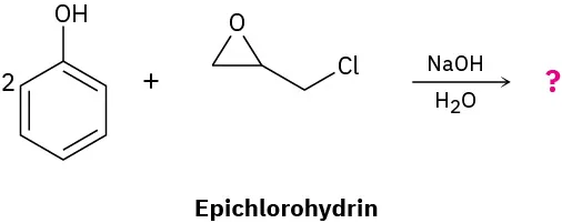 A chemical reaction between two equivalents of phenol and epichlorohydrin with sodium hydroxide and water leads to form an unknown product(s), depicted with a question mark.