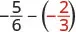 A mathematical expression showing the subtraction of two negative fractions: -5/6 - (-2/3), where the second fraction -2/3 is enclosed in parentheses and highlighted in red.