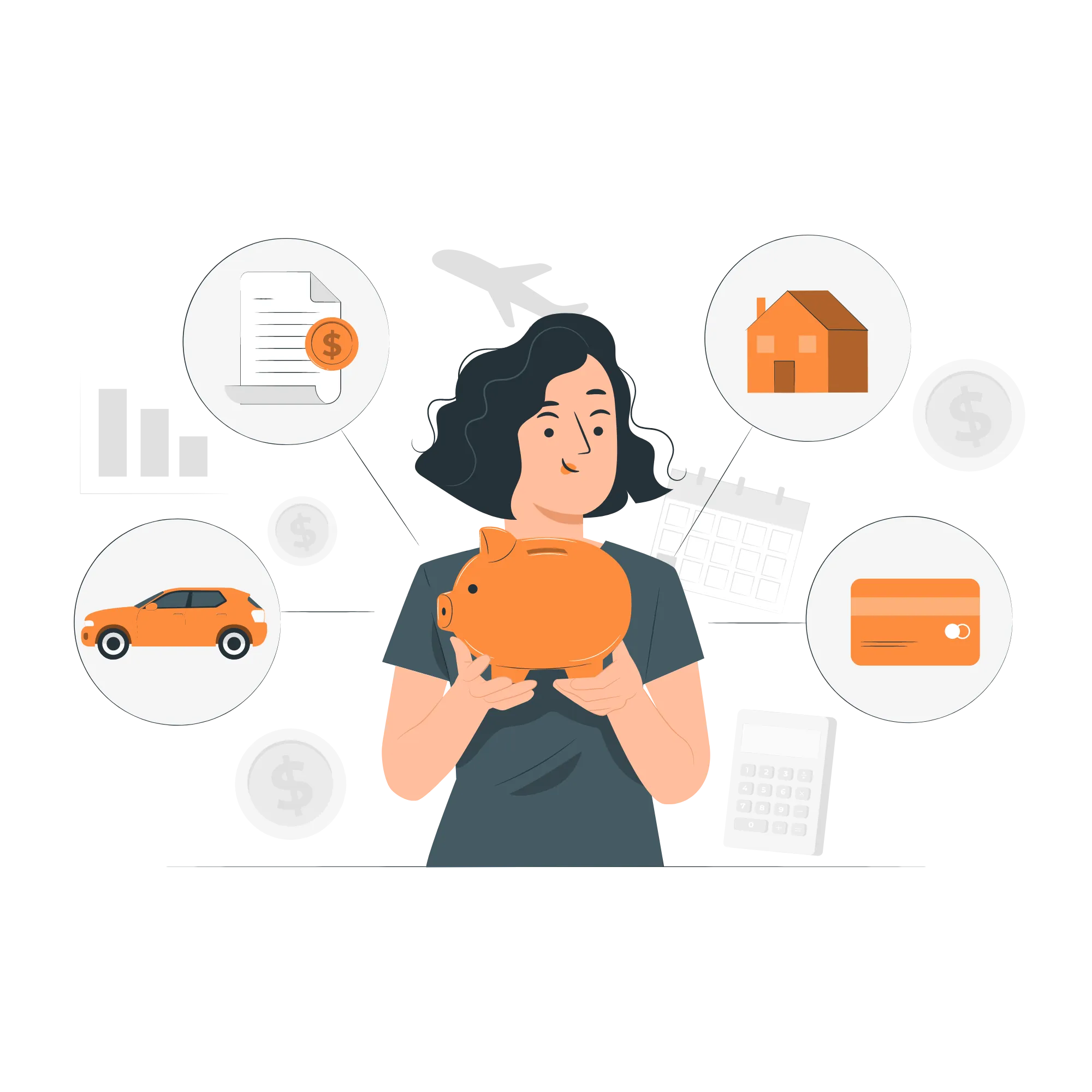 Illustration of a woman holding a piggy bank, surrounded by icons representing savings goals such as a car, house, calendar, credit card, calculator, airplane, graph, and documents with money symbols.