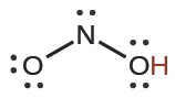 The Lewis structure of nitrous acid (HNO2) displays single bonds between nitrogen and two oxygen atoms, with one oxygen bonded to a hydrogen. Lone pairs are also shown on the oxygen and nitrogen atoms.