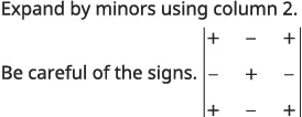Instrucciones matemáticas: 'Expande por menores usando la columna 2. Ten cuidado con los signos.' Se muestra una matriz de 3x3 con el patrón de signos alternos (+ - + / - + - / + - +) para recordar.