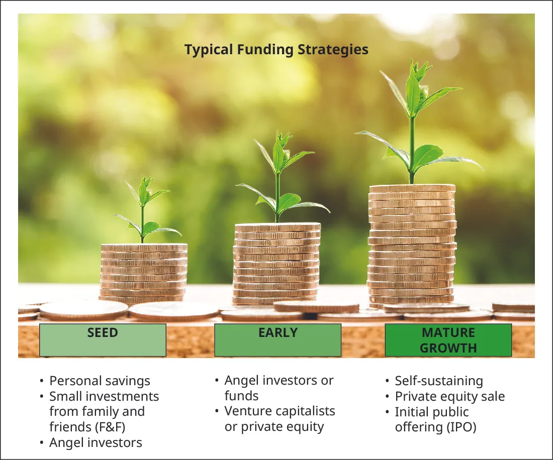 A photograph shows three stacks of coins that increase in height from left to right. The leftmost stack is the shortest and is labeled “Seed” and beneath is noted “personal savings, small investments from friends and family (F&F), angel investors.” The middle stack is labeled “early” and beneath is noted “angel investors or funds, venture capitalists or private equity.” The rightmost stack is the tallest and is labeled “mature growth” and beneath it is noted “self-sustaining, private equity sale, initial public offering (IPO).”
