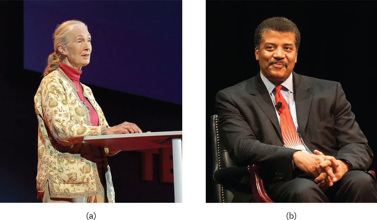 (a) A photo shows Jane Goodall. (b) A photo shows Neil deGrasse Tyson.