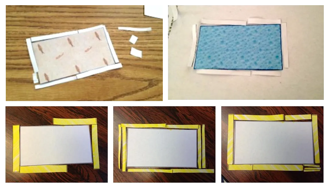 A collage of five images showing the steps of gluing and folding strips of paper around the edges of rectangular pieces of paper, demonstrating a paper-framing or matting technique on wooden and white backgrounds.
