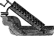 A classic illustration of an Archimedes' screw, a historical water-lifting device, showing its helical design within a tube, used to transport water upwards from a lower to a higher level.