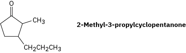 The structure of 2-methyl-3-propylcyclopentane. It is cyclopentanone with methyl on C 2 and propyl on C 3 position.