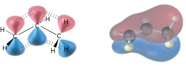 The orbital representation of alkene and its ball-and-stick model inside fused overlapped orbitals.