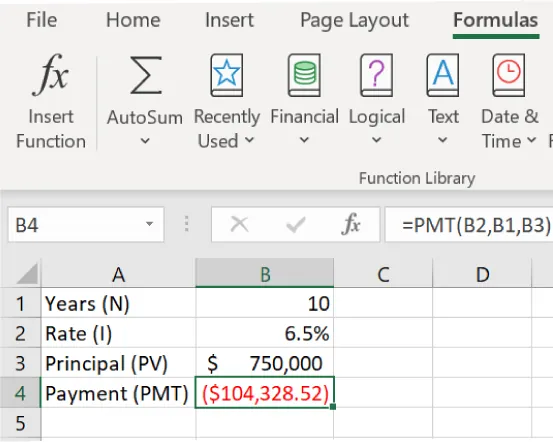 Cell B4 is selected in the spreadsheet and =PMT(B2,B1,B3) shows in the formula bar. The number (104,328.52) in cell B4 is red font.