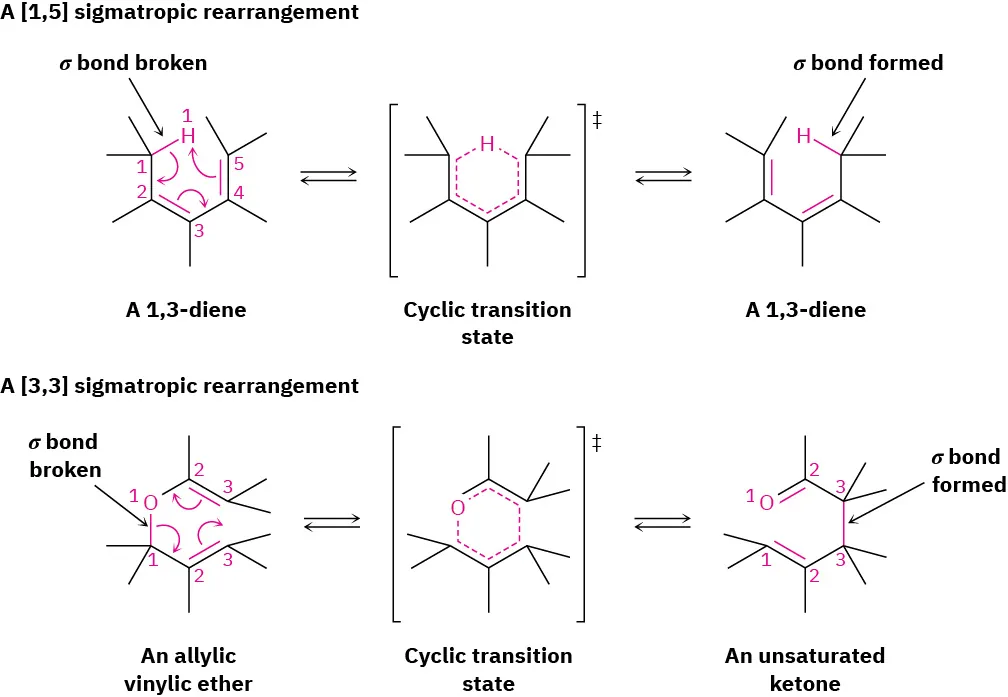 A sigma bond breaks in 1,3-diene to form 1,3-diene with formed sigma bond via [1,5]sigmatropic rearrangement. An allylic vinylic ether forms unsaturated ketone with formed sigma bond via [3,3]sigmatropic rearrangement.