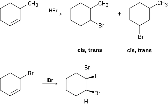 A reaction shows  3-methylcyclohexene reacting with hydrogen bromide to form two cis, trans products. 3-Bromocyclohexene reacting with hydrogen bromide to form a dibromocyclohexane.