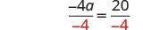 A mathematical equation shows '-4a over -4 equals 20 over -4.' The negative four in the denominator on both sides is highlighted in red, indicating division by negative four to solve for 'a'.