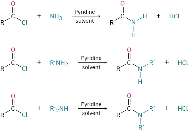 Three reactions where an acyl chloride reacts with ammonia, primary amine, and secondary amine in the presence of pyridine solvent to form a primary, secondary, and tertiary amide respectively.