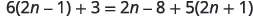 A mathematical equation is displayed: 6(2n - 1) + 3 = 2n - 8 + 5(2n + 1). The equation involves linear expressions with the variable 'n' on both sides of the equality.