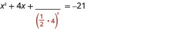 An algebraic equation showing the initial step of completing the square: x^2 + 4x + [blank line with (1/2 * 4)^2 in red below it] = -21.
