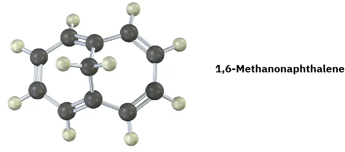 The ball-and-stick model of 1,6-methanonaphthalene has a cycloheptatriene ring fused to a cycloheptadiene ring.