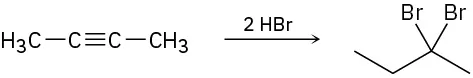 A C4 internal alkyne reacts with two moles of hydrogen bromide to form 2,2-dibromobutane.