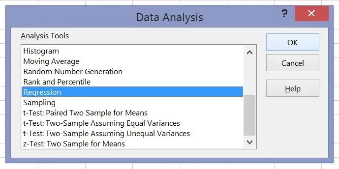 A screenshot of a 'Data Analysis' window, likely from a spreadsheet program, with 'Regression' highlighted in blue in the 'Analysis Tools' list. 'OK' and 'Cancel' buttons are visible.