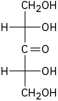 Structure of a five-carbon atom ketopentose sugar with four -O H groups.