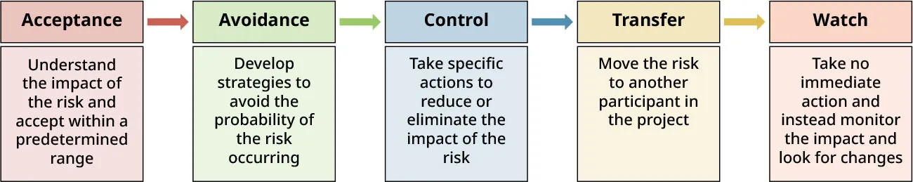 Acceptance (Understand impact of risk/accept in predetermined range), Avoidance (Develop strategies to avoid risk), Control (Take actions to reduce/eliminate impact of risk), Transfer (Move risk elsewhere), Watch (No action, monitor risk).