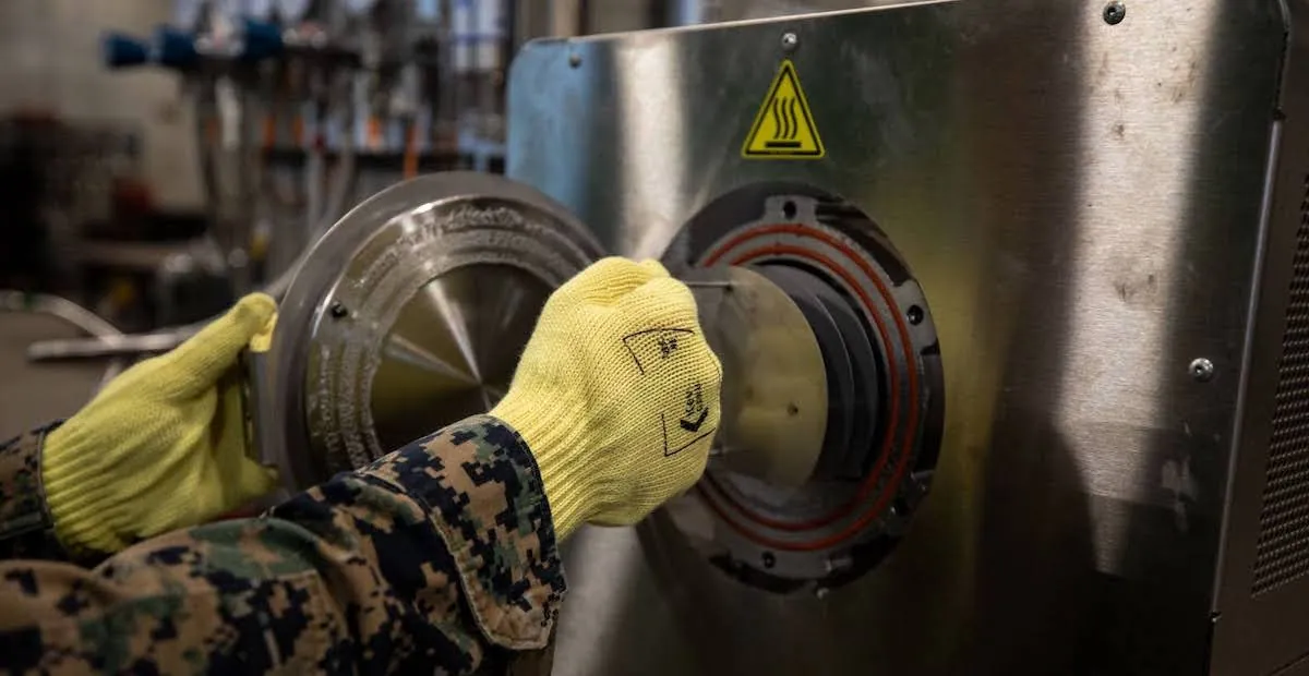 A person wearing safety gloves inserts a part into a sintering machine. The machine opening resembles a circular portal and its hatch has a robust gasket. Above the opening is an alert symbol representing heat.