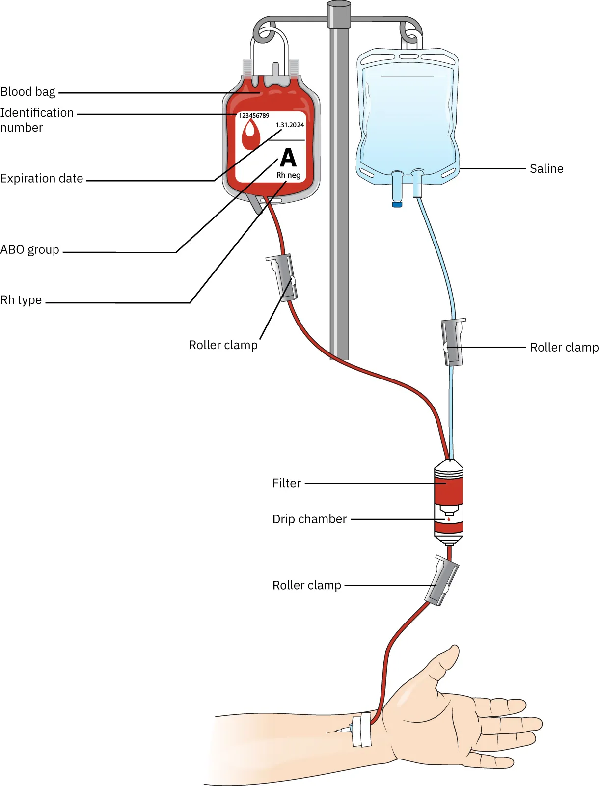 An illustration shows a Y-shaped tubing with filter connected to a patient’s arm.