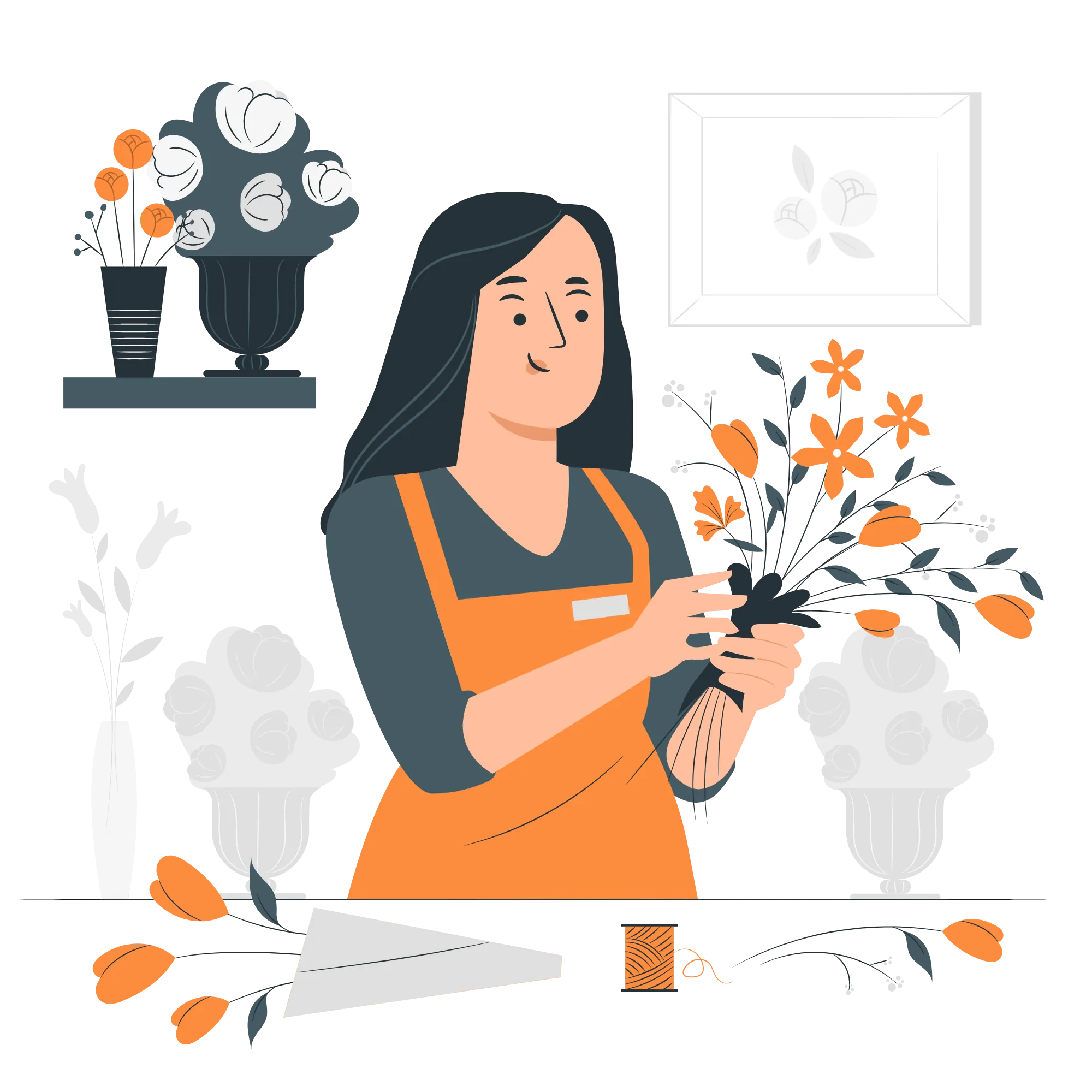 Illustration of a woman wearing an orange apron arranging a bouquet of flowers at a table, surrounded by vases, flower arrangements, scissors, and string, with a floral picture on the wall behind her.