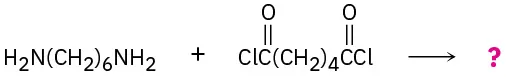 The reaction of hexamethylene diamine and adipoyl dichloride gives unknown products depicted by a question mark.