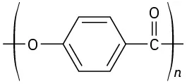 The structure of a polymer comprising oxygen linked to a benzene ring with a carbonyl group. The structure is inside the parentheses and has a subscript n.