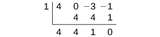 A synthetic division problem is displayed, showing the division of a polynomial with coefficients 4, 0, -3, -1 by (x-1), yielding a quotient with coefficients 4, 4, 1 and a remainder of 0.