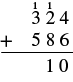 A mathematical column addition problem features the number 586. Above the digits, the fractions 1/3 and 1/2 appear alongside the digit 4, placed as if they are carry-over numbers. Below the line, the partial sum '10' is shown.