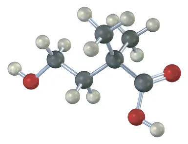 A ball-and-stick model of a four-carbon chain with a carboxyl end. There are two methyl groups on C 2 and a hydroxy group on C 4.