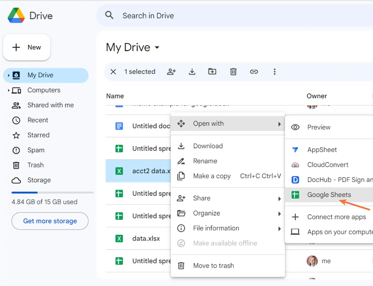 A file is selected in My Drive. A pane displays Open with (selected), which lists options for: Preview, AppSheet, CloudConvert, DocHub, Google Sheets (selected), Connect more apps, and Apps on your computer.