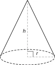 An illustration of a right circular cone with its height 'h' and base radius 'r' clearly marked. A dashed line indicates the height from the apex to the center of the circular base, forming a right angle.