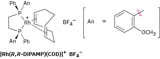 A rhodium coordination complex with boron tetrafluoride ion. The rhodium ligand is a benzene ring with a methoxy on C 1 and a methyl group on C 2 position.