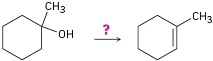 Cyclohexane with a methyl and hydroxyl group at C1 reacts with unknown reagent(s), depicted by a question mark to form cyclohexene, in which C1 is bonded to a methyl group.