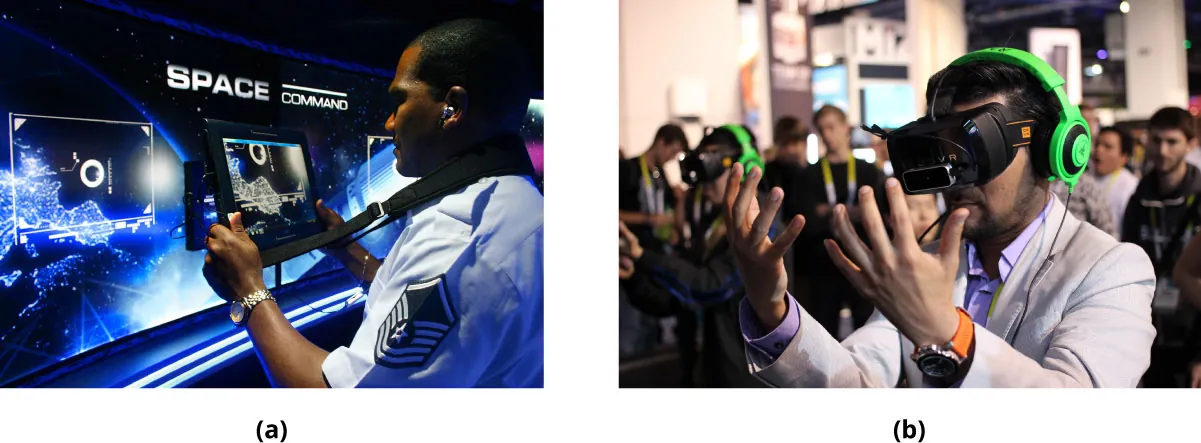 (a) Photo of individual participating in a reality tour of an Air Force Space Command using a hand-held small screen. (b) Photo of individual using a VR headset.