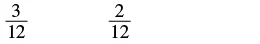 Two fractions, 3/12 and 2/12, are displayed on a white background.